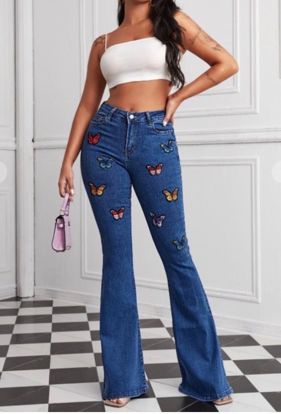 “Nia” High Waistline Denim with Butterfly Appliqué